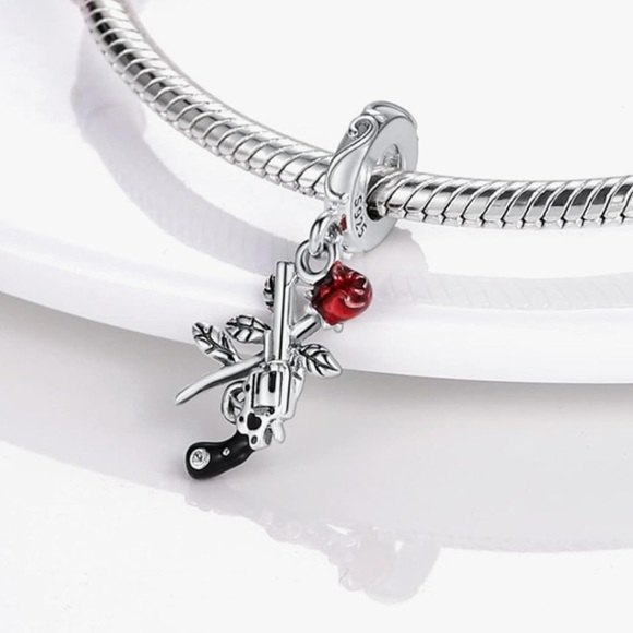 Sterling Silver Rose & Gun Charm dangle charm that fits all Pandora bracelets - Picture 2 of 4